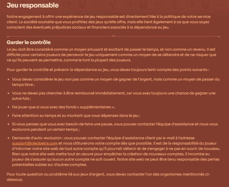 Cleobetra Casino jeu responsable